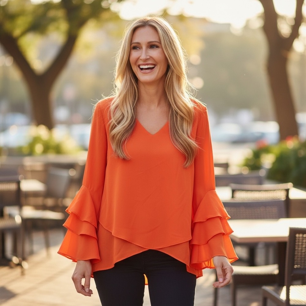 Vince Camuto Women Orange V-Neck Tiered Ruffle Bell Sleeve Blouse 91322C071 S